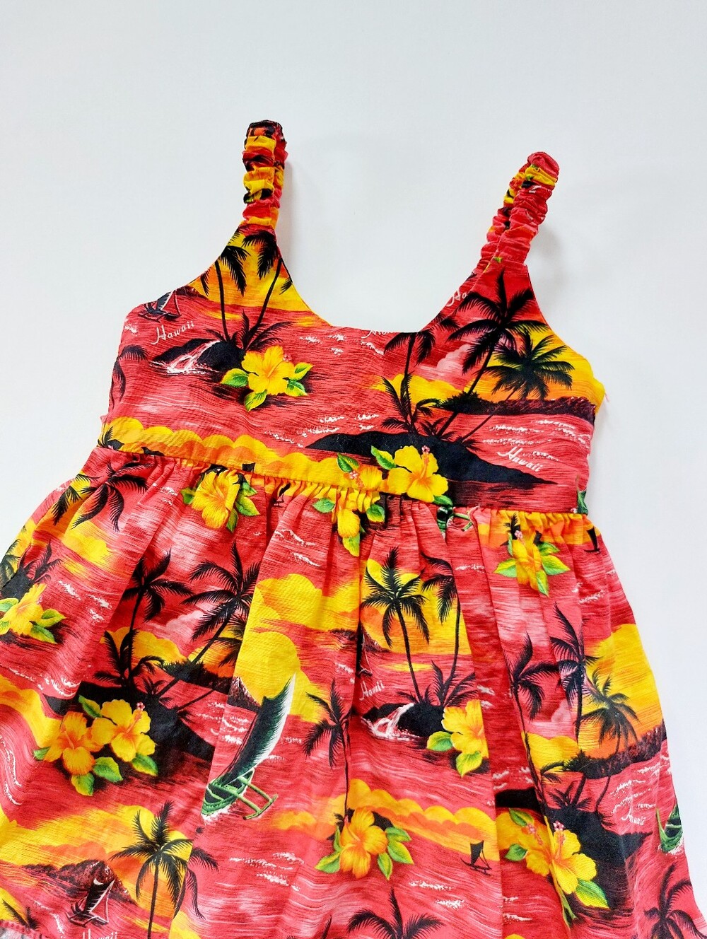 Red & Orange Sunset Hawaiian Dress 12m Cruise‎ Vacation Tropical Boat Palm Tree